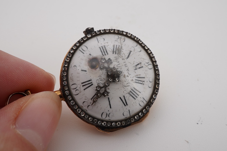 A 19th century French yellow metal fob watch by Lepine Du Roy of Paris, with diamond chip set border and Roman dial, case diameter 27mm, gross weight 22 grams.
